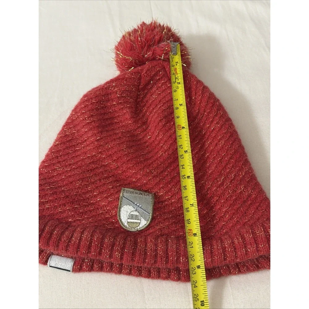 PHENIX Hat Women's One size Red Knitted Logo Beanie Fleece Lining Wool Blend Fit